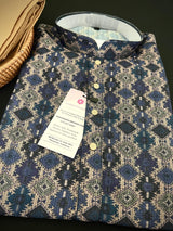 Multi-Color Ikkat (Dark Blue Base) men's kurta pajama in soft silk (crepe-like) with ikkat digital print — Kaash Collection
