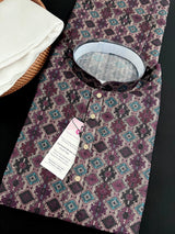Multi-Color Ikkat (Dark Purple & Beige Base) men's kurta pajama in soft silk (crepe-like) with ikkat digital print — Kaash Collection