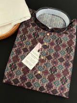 Multi Color Soft Men Kurta in Ikkat Digital Prints with Dark Purple and Beige Base | Soft Silk Kurta for Men | Men Ethnic Wear - Kaash