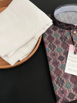 Multi Color Soft Men Kurta in Ikkat Digital Prints with Dark Purple and Beige Base | Soft Silk Kurta for Men | Men Ethnic Wear - Kaash