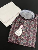 Multi Color Soft Men Kurta in Ikkat Digital Prints with Dark Purple and Beige Base | Soft Silk Kurta for Men | Men Ethnic Wear - Kaash