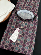 Multi Color Soft Men Kurta in Ikkat Digital Prints with Dark Purple and Beige Base | Soft Silk Kurta for Men | Men Ethnic Wear - Kaash