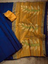 Mustard Yellow and Deep Blue Color Handloom Saree with tiny Sequin Work and Thread Work - Kaash
