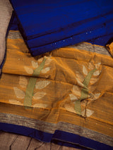 Mustard Yellow and Deep Blue Color Handloom Saree with tiny Sequin Work and Thread Work - Kaash