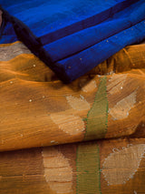 Mustard Yellow and Deep Blue Color Handloom Saree with tiny Sequin Work and Thread Work - Kaash