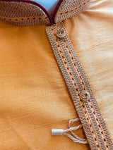 Mustard Yellow men's kurta pajama in raw silk with fancy buttons with lace work — Kaash Collection