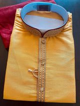 Mustard Yellow men's kurta pajama in raw silk with fancy buttons with lace work — Kaash Collection