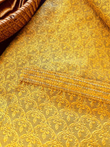 Mustard Yellow men's kurta pajama in soft raw silk with self-embroidered design — Kaash Collection