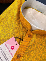 Mustard Yellow men's kurta pajama in soft raw silk with self-embroidered design — Kaash Collection