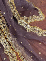 Muted Eggplant net dupatta with gold zari, sequin & beads — Kaash Collection