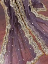 Muted Eggplant net dupatta with gold zari, sequin & beads — Kaash Collection