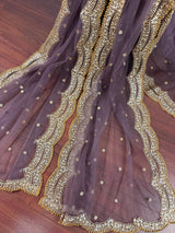 Muted Eggplant net dupatta with gold zari, sequin & beads — Kaash Collection