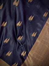 Navy Blue banarasi linen cotton silk saree with antique copper zari weave — Kaash Collection