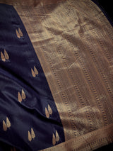 Navy Blue banarasi linen cotton silk saree with antique copper zari weave — Kaash Collection