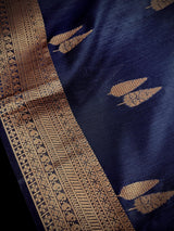 Navy Blue banarasi linen cotton silk saree with antique copper zari weave — Kaash Collection