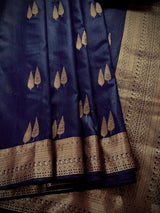 Navy Blue banarasi linen cotton silk saree with antique copper zari weave — Kaash Collection