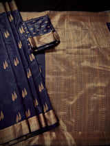 Navy Blue banarasi linen cotton silk saree with antique copper zari weave — Kaash Collection