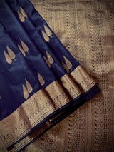 Navy Blue banarasi linen cotton silk saree with antique copper zari weave — Kaash Collection