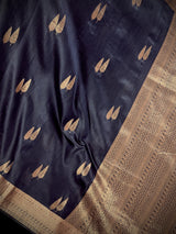 Navy Blue banarasi linen cotton silk saree with antique copper zari weave — Kaash Collection