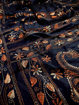 Navy Blue Half-and-Half hand Kantha stitch saree on Bangalori silk — Kaash Collection