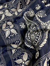 Navy Blue with White Kantha hand Kantha stitch saree on Bangalori silk — Kaash Collection