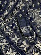 Navy Blue with White Kantha hand Kantha stitch saree on Bangalori silk — Kaash Collection