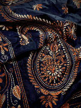 Navy Blue Half-and-Half hand Kantha stitch saree on Bangalori silk — Kaash Collection