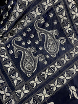 Navy Blue with White Kantha hand Kantha stitch saree on Bangalori silk — Kaash Collection