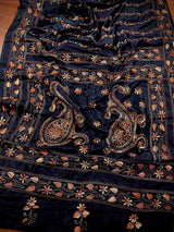 Navy Blue Color Bangalori Silk Saree with Hand Kantha Stitch | Handwoven Kantha Stitch Sarees | Kantha Saress | Silk Sarees | Bengal Sarees - Kaash