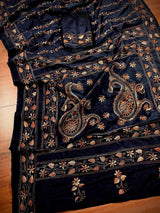 Navy Blue Color Bangalori Silk Saree with Hand Kantha Stitch | Handwoven Kantha Stitch Sarees | Kantha Saress | Silk Sarees | Bengal Sarees - Kaash
