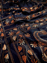 Navy Blue Color Bangalori Silk Saree with Hand Kantha Stitch | Handwoven Kantha Stitch Sarees | Kantha Saress | Silk Sarees | Bengal Sarees - Kaash