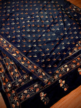 Navy Blue Color Bangalori Silk Saree with Hand Kantha Stitch | Handwoven Kantha Stitch Sarees | Kantha Saress | Silk Sarees | Bengal Sarees - Kaash