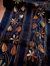Navy Blue Color Bangalori Silk Saree with Hand Kantha Stitch | Handwoven Kantha Stitch Sarees | Kantha Saress | Silk Sarees | Bengal Sarees - Kaash