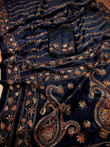 Navy Blue Color Bangalori Silk Saree with Hand Kantha Stitch | Handwoven Kantha Stitch Sarees | Kantha Saress | Silk Sarees | Bengal Sarees - Kaash