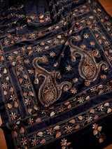 Navy Blue Color Bangalori Silk Saree with Hand Kantha Stitch | Handwoven Kantha Stitch Sarees | Kantha Saress | Silk Sarees | Bengal Sarees - Kaash