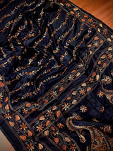 Navy Blue Color Bangalori Silk Saree with Hand Kantha Stitch | Handwoven Kantha Stitch Sarees | Kantha Saress | Silk Sarees | Bengal Sarees - Kaash