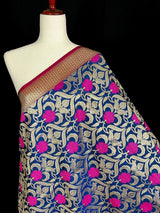 Navy Blue Color Dupatta with Floral Jaal - Banarasi Silk Dupatta - Pink Color Meenakari Flower - Floral Dupatta - Benarasi Dupatta - Kaash
