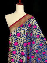 Navy Blue Color Dupatta with Floral Jaal - Banarasi Silk Dupatta - Pink Color Meenakari Flower - Floral Dupatta - Benarasi Dupatta - Kaash