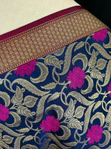 Navy Blue Color Dupatta with Floral Jaal - Banarasi Silk Dupatta - Pink Color Meenakari Flower - Floral Dupatta - Benarasi Dupatta - Kaash