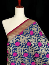 Navy Blue Color Dupatta with Floral Jaal - Banarasi Silk Dupatta - Pink Color Meenakari Flower - Floral Dupatta - Benarasi Dupatta - Kaash