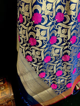 Navy Blue Color Dupatta with Floral Jaal - Banarasi Silk Dupatta - Pink Color Meenakari Flower - Floral Dupatta - Benarasi Dupatta - Kaash