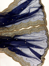 Navy Blue net dupatta with muted gold zari, sequin & beads — Kaash Collection