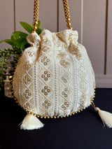 Off White Color Raw Silk Light Weight Potli Bag - Kaash