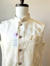 Off White men's Nehru/Modi jacket in silk (non-pure) with floral embossed pattern — Kaash Collection