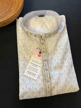 Off White Soft Silk Men Kurta Pajama Set with Hand Embroidery on the Neckline - Kaash