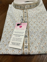 Off White Soft Silk Men Kurta Pajama Set with Hand Embroidery on the Neckline - Kaash