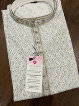 Off White Soft Silk Men Kurta Pajama Set with Hand Embroidery on the Neckline - Kaash