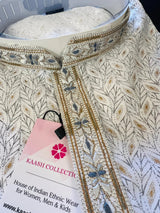 Off White Soft Silk Men Kurta Pajama Set with Hand Embroidery on the Neckline - Kaash