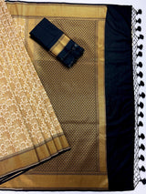 Off White with Black Traditional Banarasi Silk Handloom Saree with Muted Gold Antique Zari Weave - Kaash