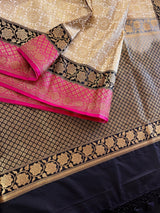 Off White with Pink and Black Traditional Banarasi Silk Handloom Saree with Antique Zari Weave - Kaash